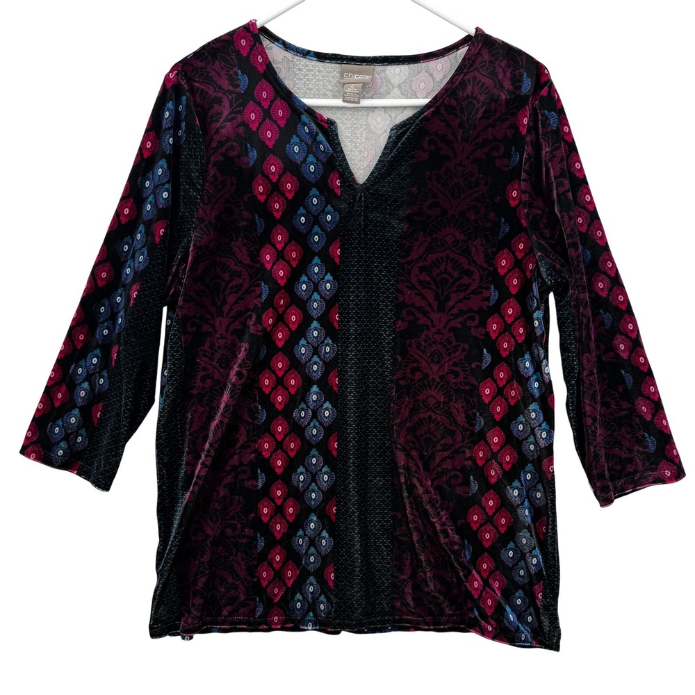 Chicos Velvet Tunic Top Womens 2 Black Red Artisan Damask 3/4 Sleeve Pattern NWT